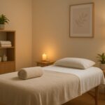 relaxing massage room setup with towels and soft lighting