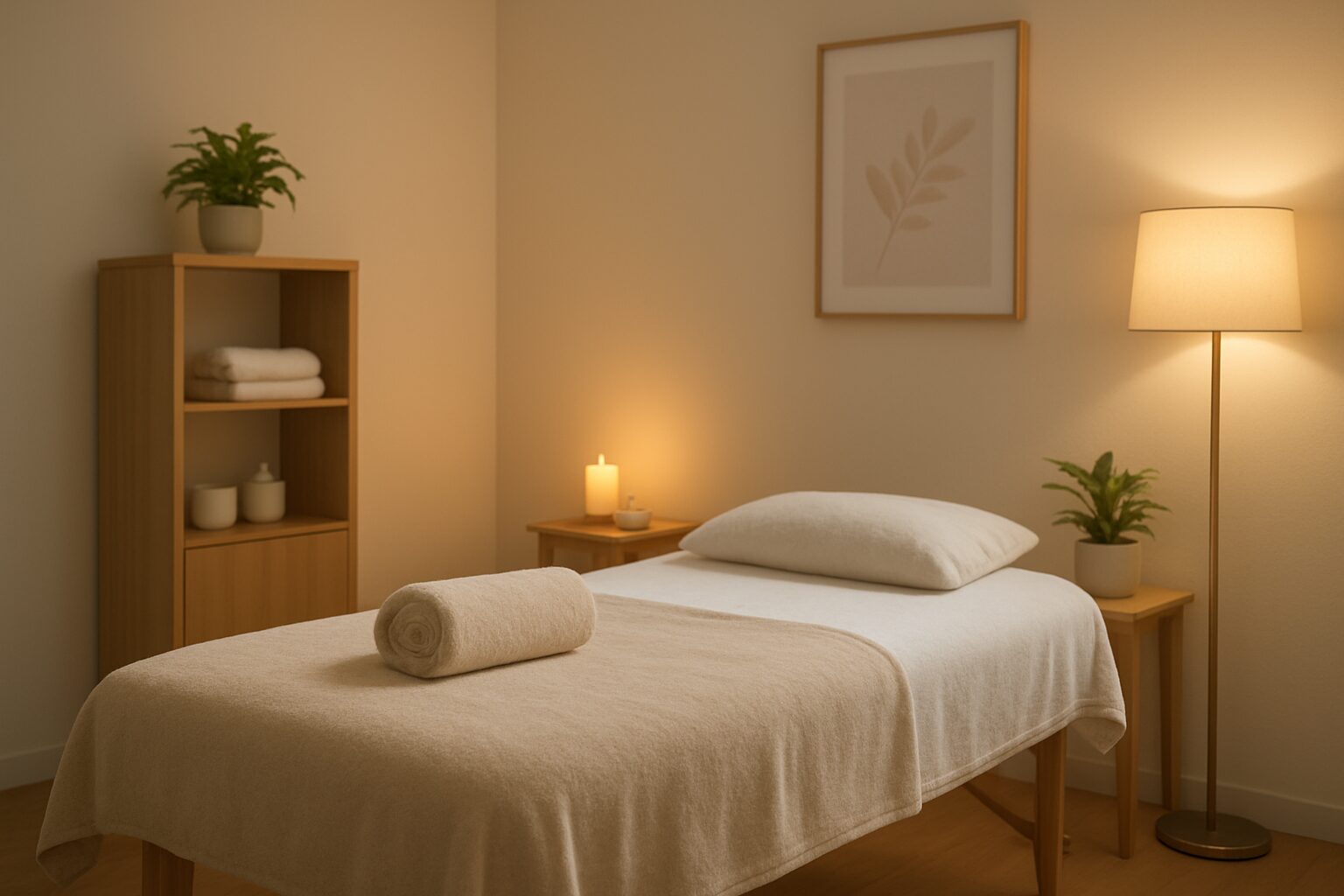 relaxing massage room setup with towels and soft lighting